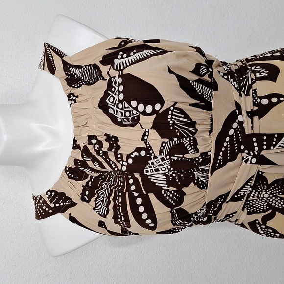 Taylor Asymmetrical Black & Tan Abstract Floral Halter Sundress Size 16 - Picture 2 of 14